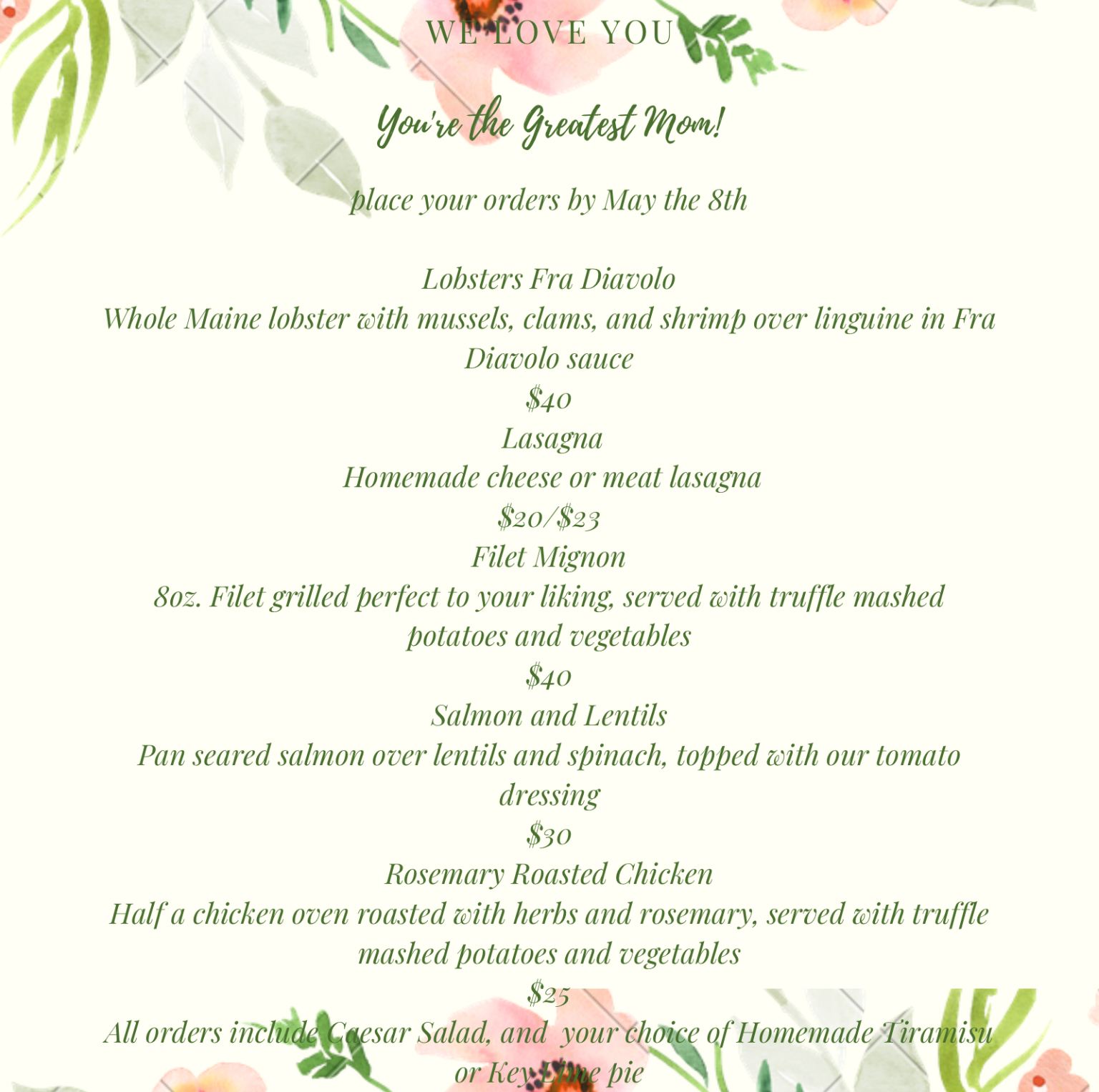 Il Bellagio Mother's Day Menu