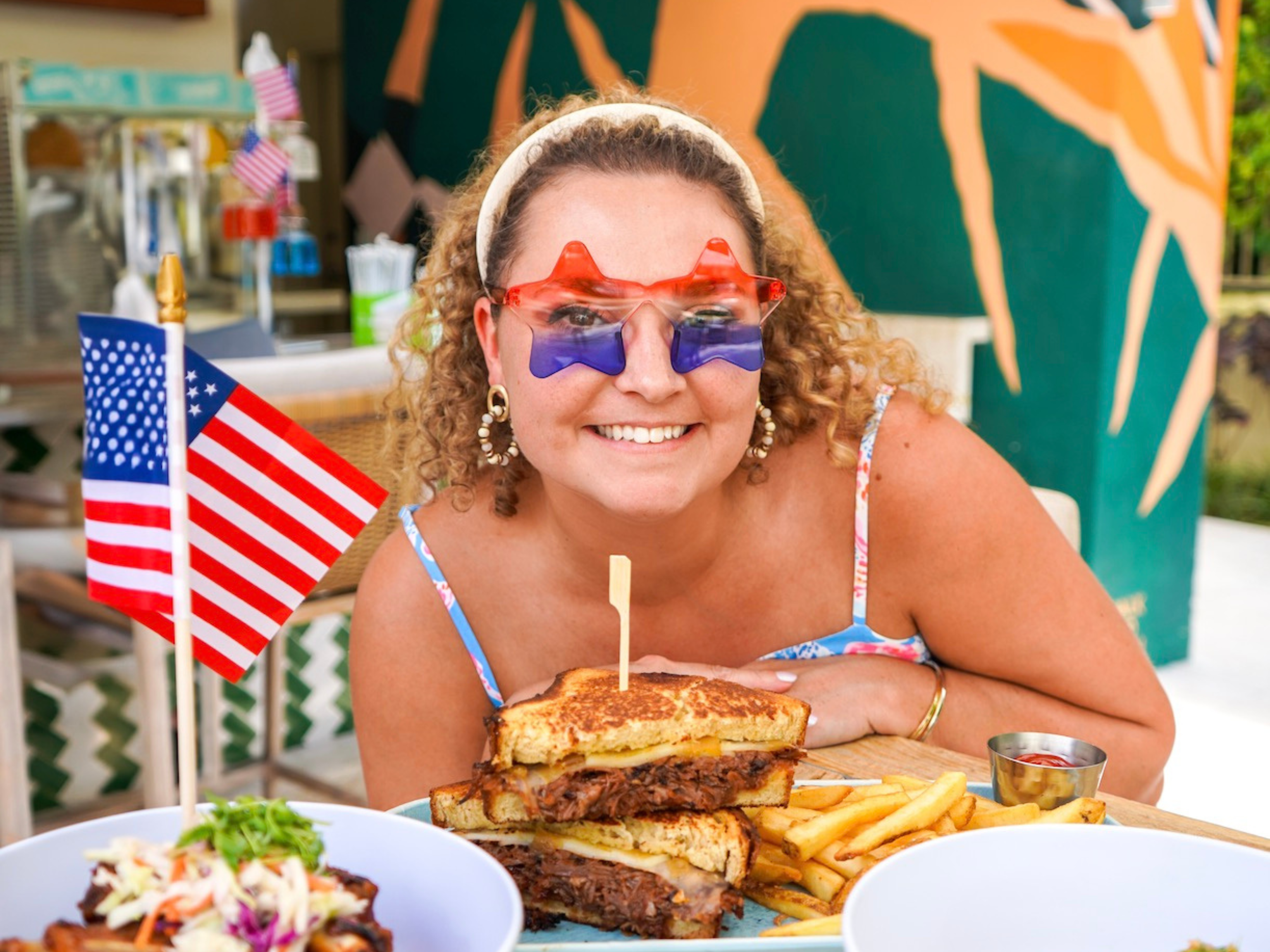 red white and blue girl at playa