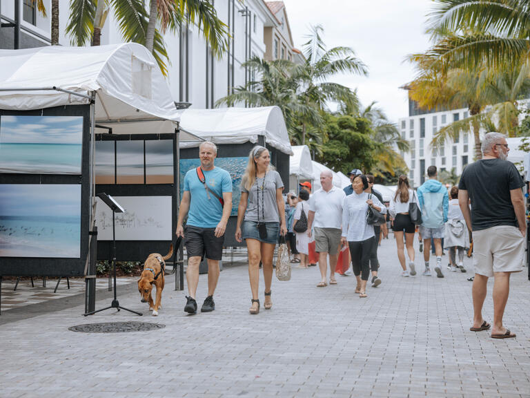 Couple holding hands and walking their dog down the road 