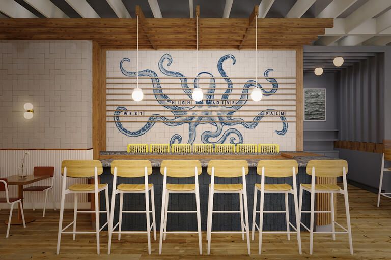 High Dive seating area with octopus feature art wall in background