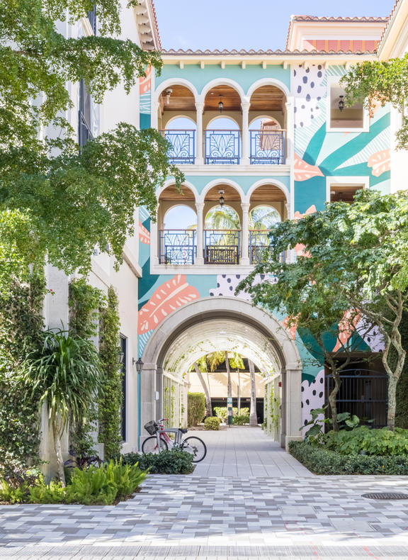 Apartment building entrance with mural