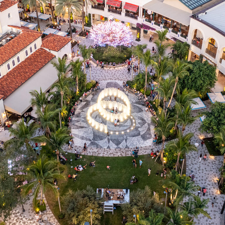 drone photo of lawn and fountain