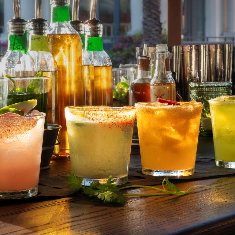 El Camino signature margaritas lined up at a bar 