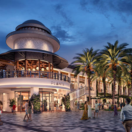 exterior view of Planta restaurant at night 