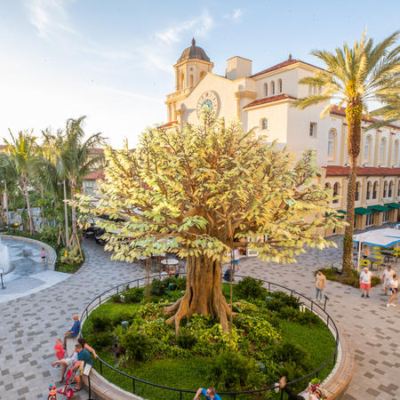 Drone photo of the LED banyan and water fountain 