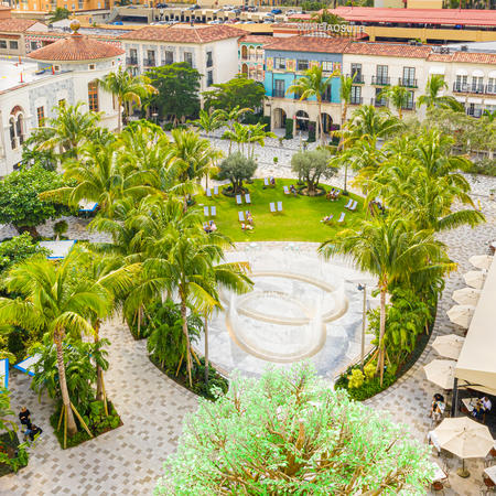 aerial photo of lush green park and water fountain 