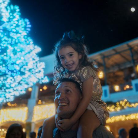Father and daughter enjoying snowfall under the Wishing Tree